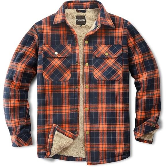 Men's Sherpa Lined Cotton Flannel Shirt Jacket Plaid Button Up Jacket Coat